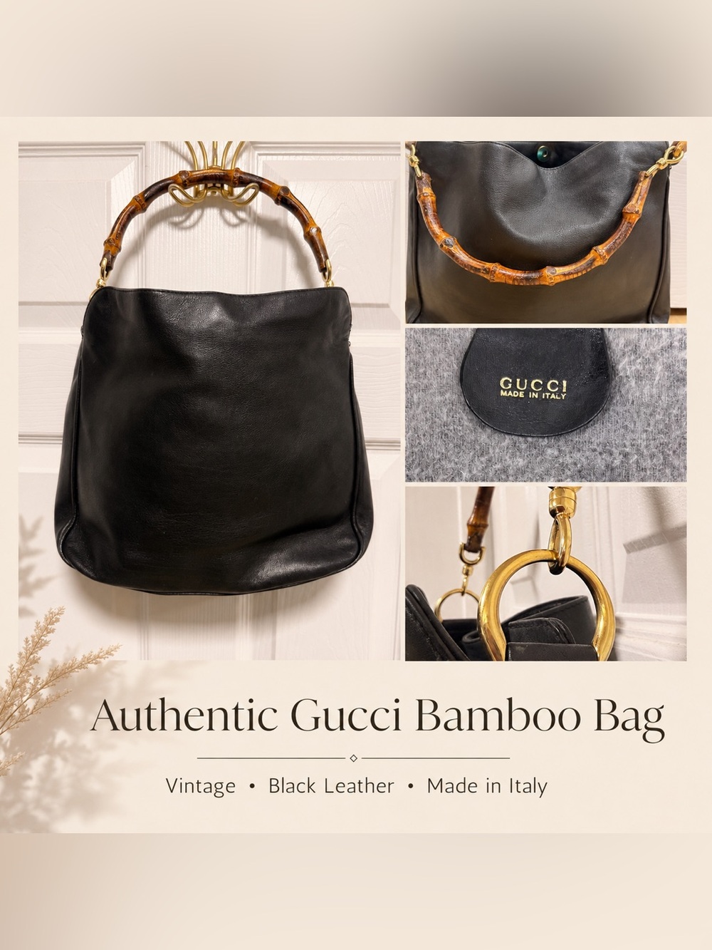 Gucci Black Leather Shoulder Bag with Bamboo Handle and Gold Hardware
